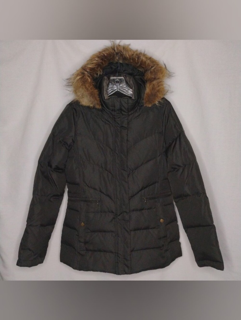 Larry Levine Down Parka Jacket Faux Fur Hood Quilted Warm Winter Puffer Olive S